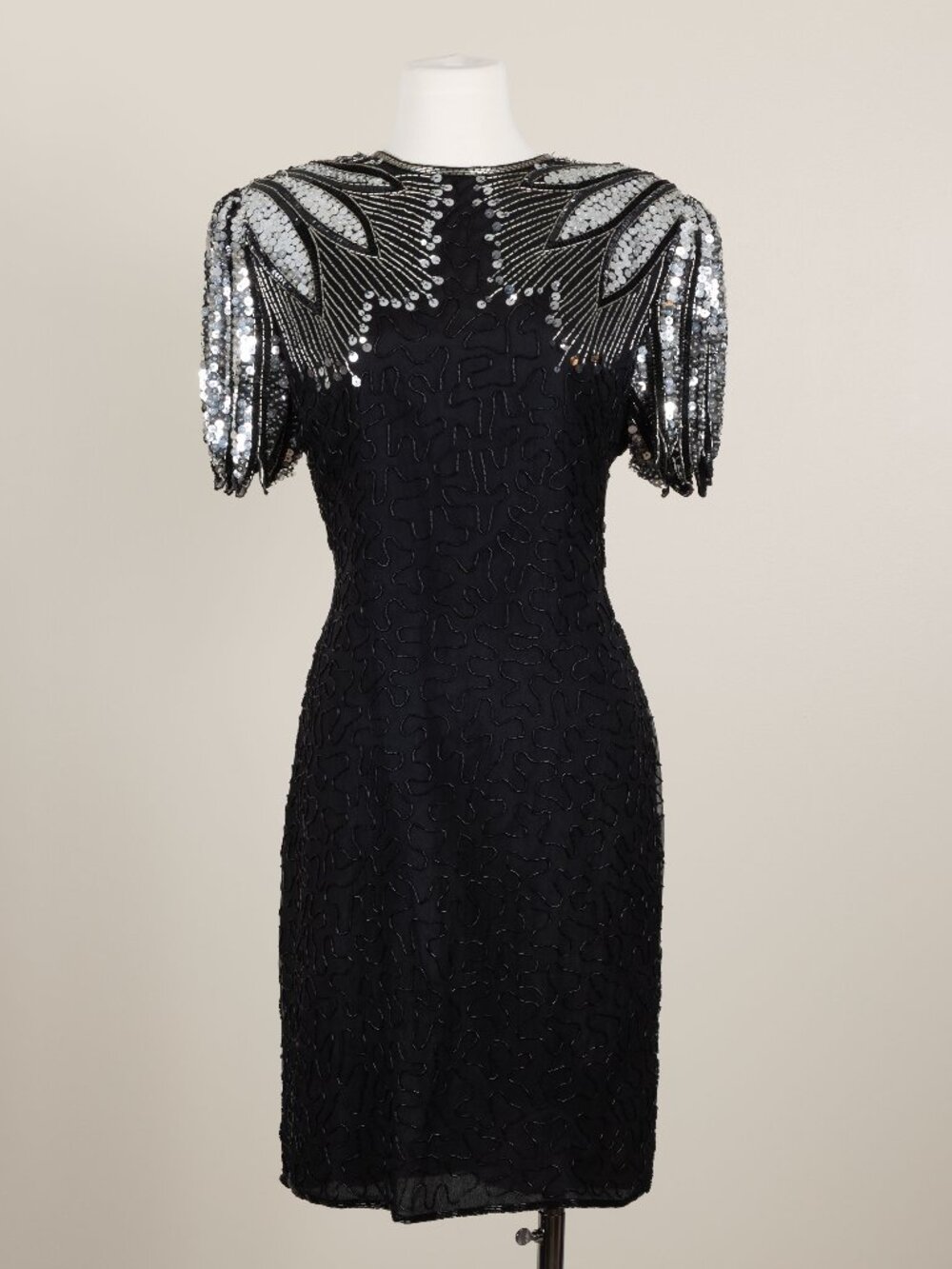 Vintage 80s Scala Silk Beaded Dress Black Silver Sequin Open Back Cocktail XL